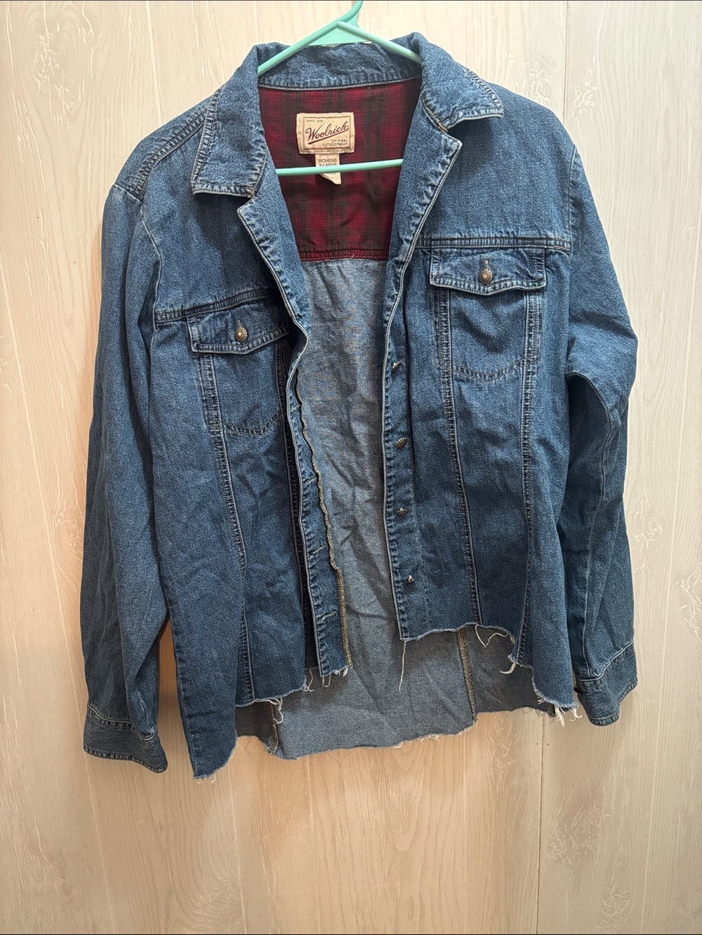 Woolrich Blue Denim Shirt Jacket with Red Plaid Lining